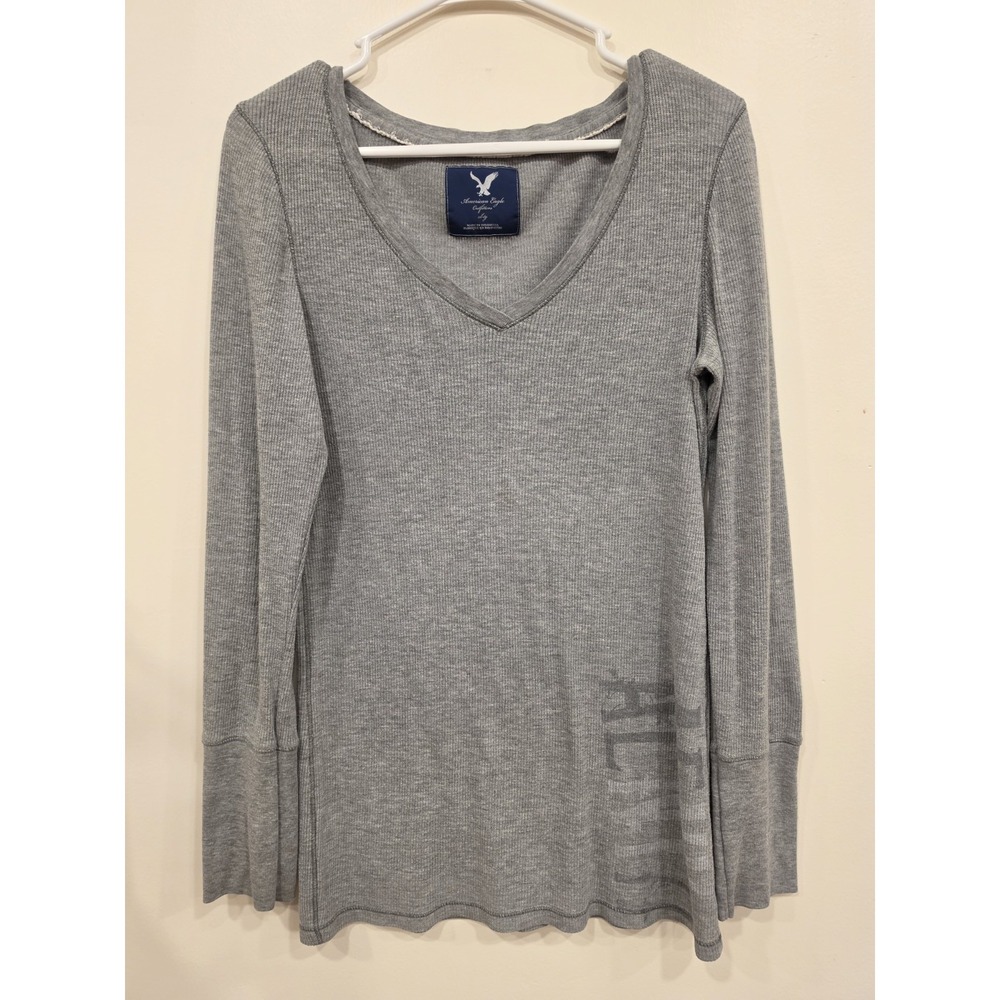 Y2K American Eagle Outfitters XL Gray Ribbed Thermal Long Sleeve V Neck Top